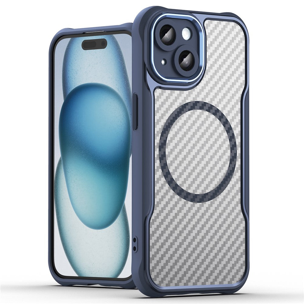 For iPhone 15 Plus / 14 Plus Magnetic Case Translucent Carbon Fiber Texture TPU+PC Phone Cover