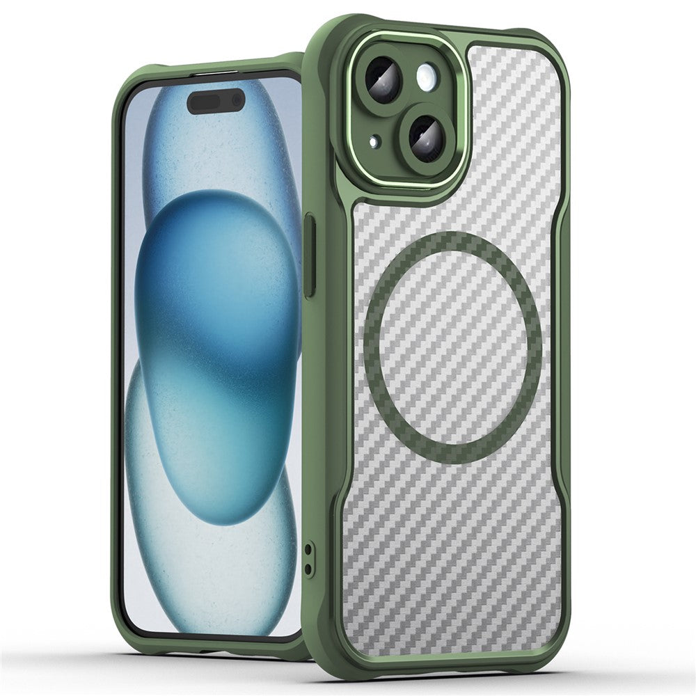 For iPhone 15 Plus / 14 Plus Magnetic Case Translucent Carbon Fiber Texture TPU+PC Phone Cover