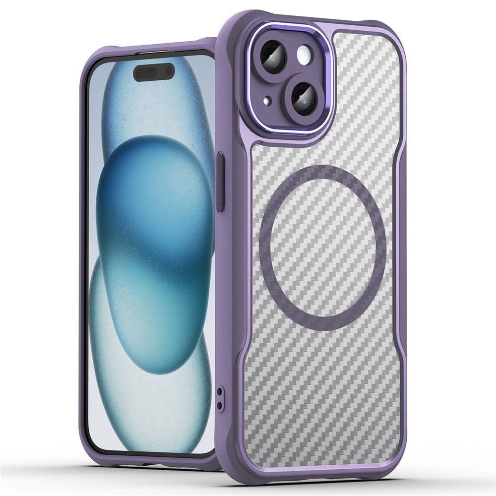 For iPhone 15 Plus / 14 Plus Magnetic Case Translucent Carbon Fiber Texture TPU+PC Phone Cover