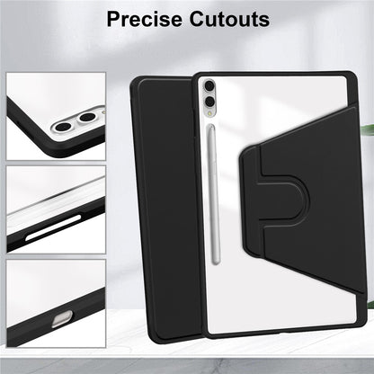 For Samsung Galaxy Tab S11 Ultra Case Rotating Stand PU Leather Clear Acrylic Back Tablet Cover with Pen Slot