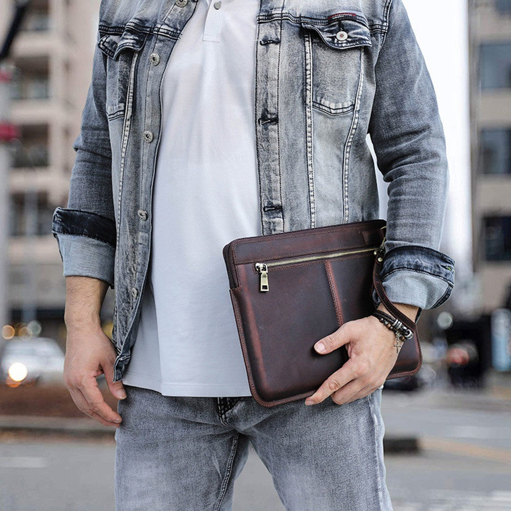 For MacBook Air 13 inch (2022) A2681 Carrying Pouch Cowhide Leather Zipper Storage Bag
