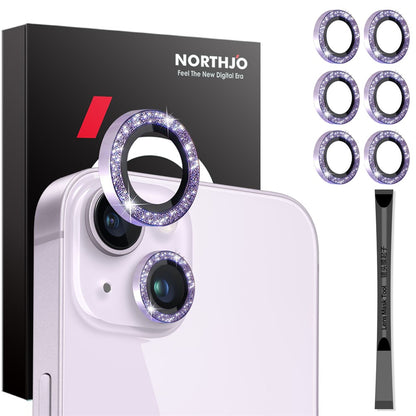 NORTHJO 3 Sets for iPhone 15 / 15 Plus / 14 / 14 Plus Lens Protector Glitter Metal Ring Tempered Glass Lens Film