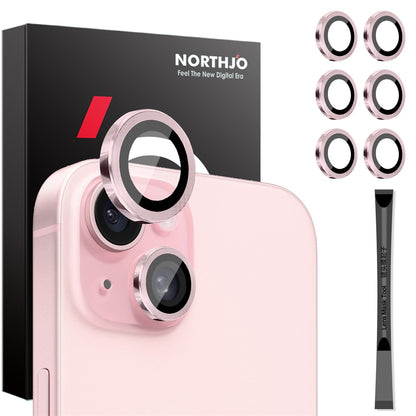 NORTHJO 3 Sets for iPhone 15 / 15 Plus / 14 / 14 Plus Tempered Glass Lens Protector CD Veins Metal Ring Lens Film