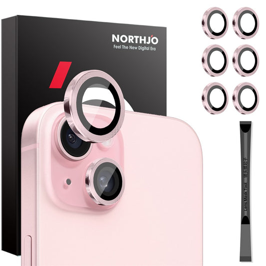 NORTHJO 3 Sets for iPhone 15 / 15 Plus / 14 / 14 Plus Tempered Glass Lens Protector CD Veins Metal Ring Lens Film