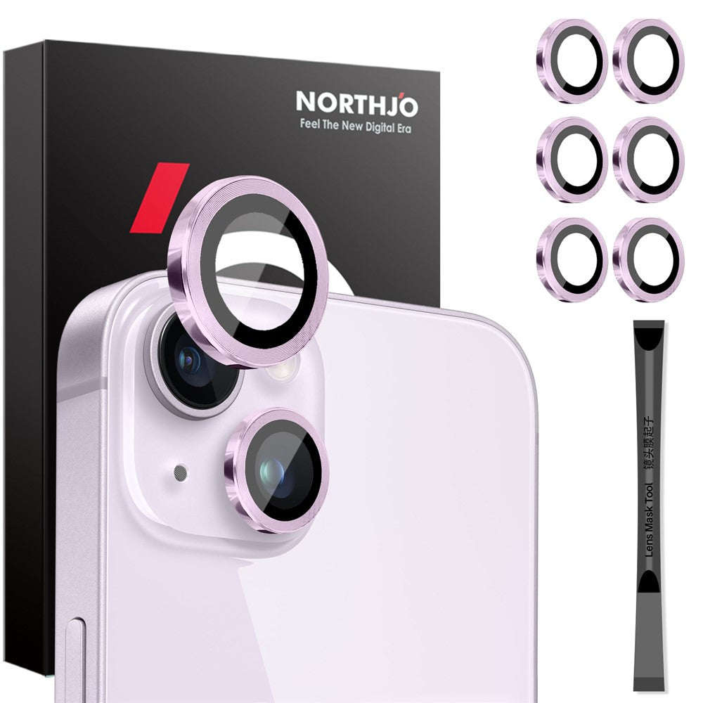 NORTHJO 3 Sets for iPhone 15 / 15 Plus / 14 / 14 Plus Tempered Glass Lens Protector CD Veins Metal Ring Lens Film