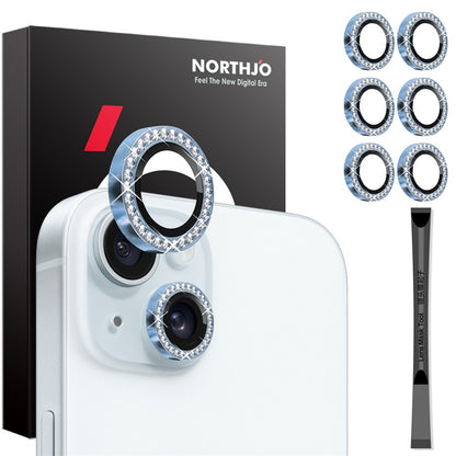 NORTHJO 3 Sets for iPhone 15 / 15 Plus / 14 / 14 Plus Lens Protector Rhinestone Decor Metal+Tempered Glass Lens Film
