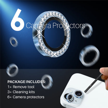 NORTHJO 3 Sets for iPhone 15 / 15 Plus / 14 / 14 Plus Lens Protector Rhinestone Decor Metal+Tempered Glass Lens Film