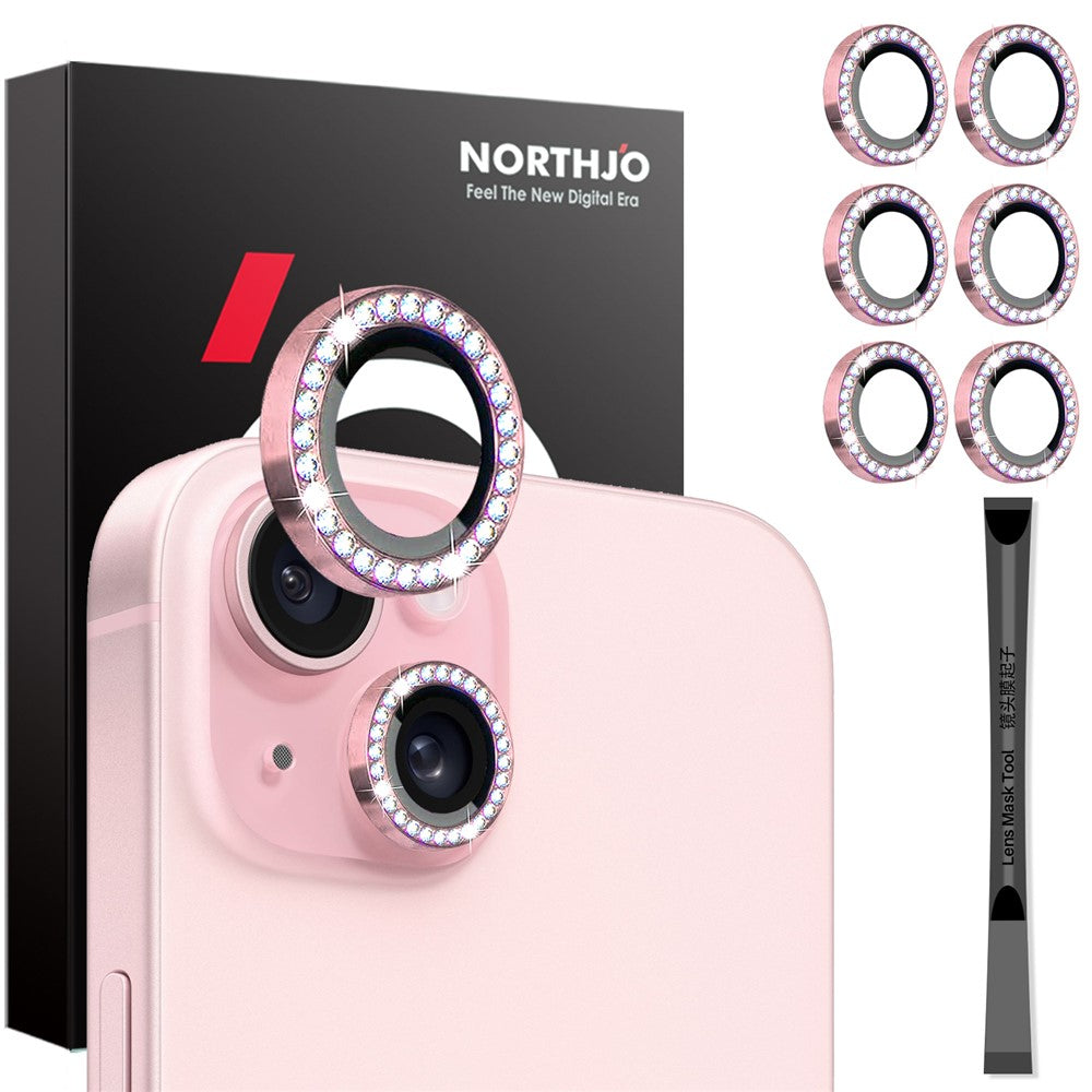 NORTHJO 3 Sets for iPhone 15 / 15 Plus / 14 / 14 Plus Lens Protector Rhinestone Decor Metal+Tempered Glass Lens Film