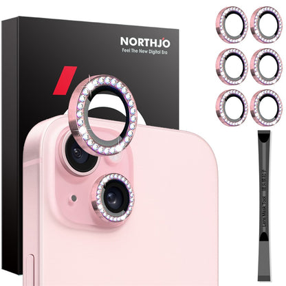 NORTHJO 3 Sets for iPhone 15 / 15 Plus / 14 / 14 Plus Lens Protector Rhinestone Decor Metal+Tempered Glass Lens Film