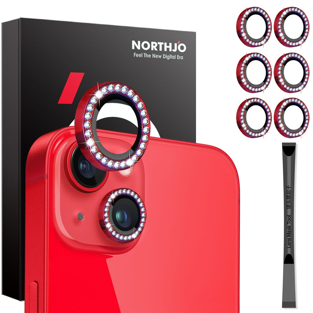 NORTHJO 3 Sets for iPhone 15 / 15 Plus / 14 / 14 Plus Lens Protector Rhinestone Decor Metal+Tempered Glass Lens Film