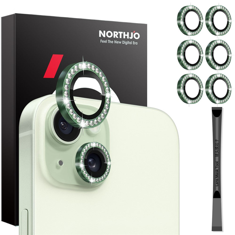 NORTHJO 3 Sets for iPhone 15 / 15 Plus / 14 / 14 Plus Lens Protector Rhinestone Decor Metal+Tempered Glass Lens Film