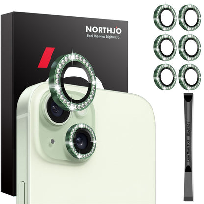 NORTHJO 3 Sets for iPhone 15 / 15 Plus / 14 / 14 Plus Lens Protector Rhinestone Decor Metal+Tempered Glass Lens Film