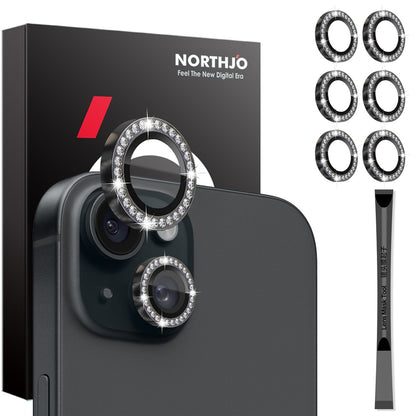 NORTHJO 3 Sets for iPhone 15 / 15 Plus / 14 / 14 Plus Lens Protector Rhinestone Decor Metal+Tempered Glass Lens Film