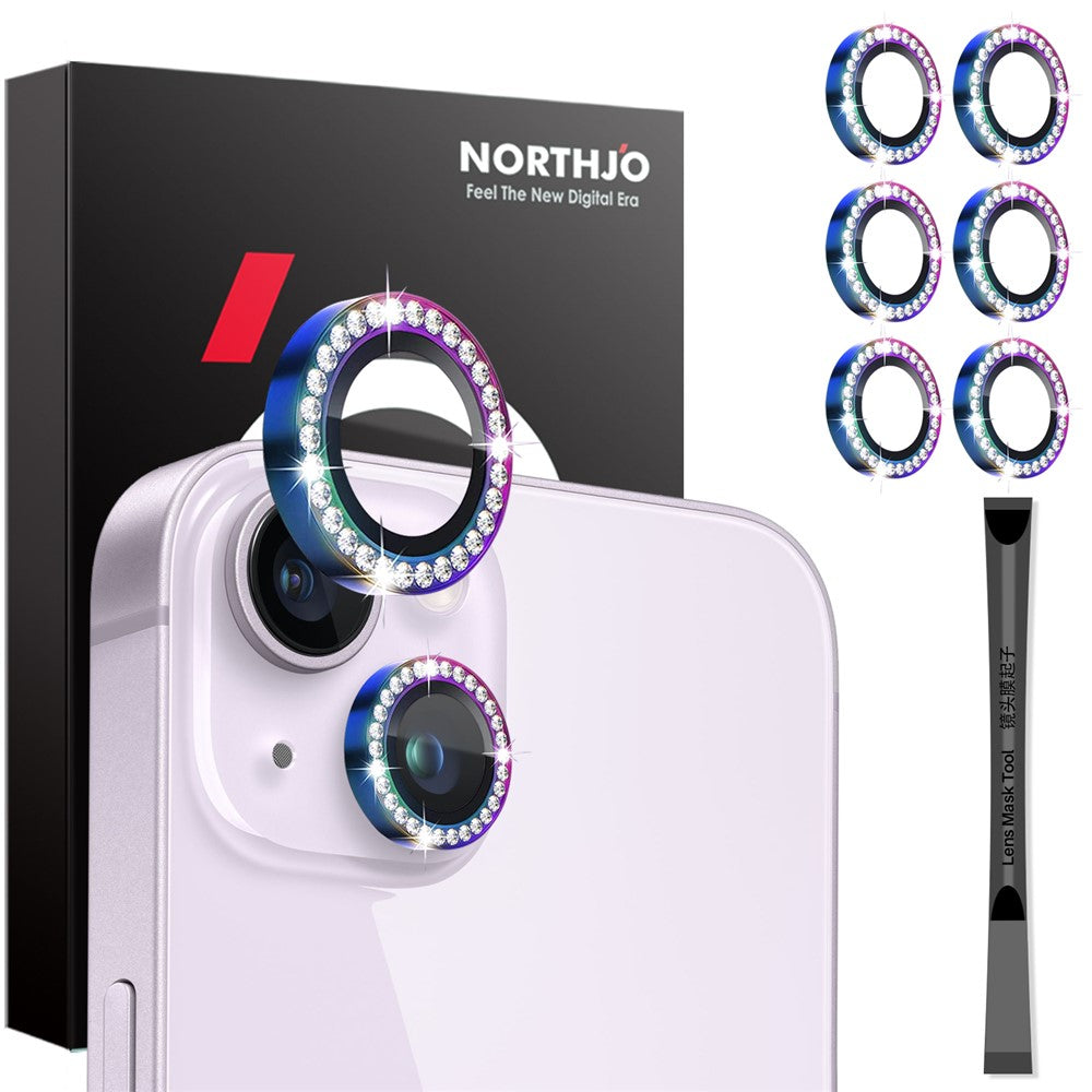 NORTHJO 3 Sets for iPhone 15 / 15 Plus / 14 / 14 Plus Lens Protector Rhinestone Decor Metal+Tempered Glass Lens Film