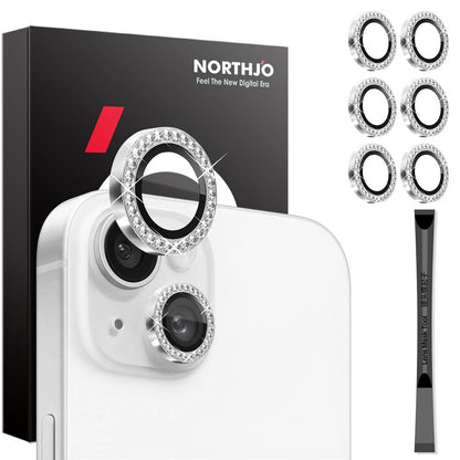 NORTHJO 3 Sets for iPhone 15 / 15 Plus / 14 / 14 Plus Lens Protector Rhinestone Decor Metal+Tempered Glass Lens Film