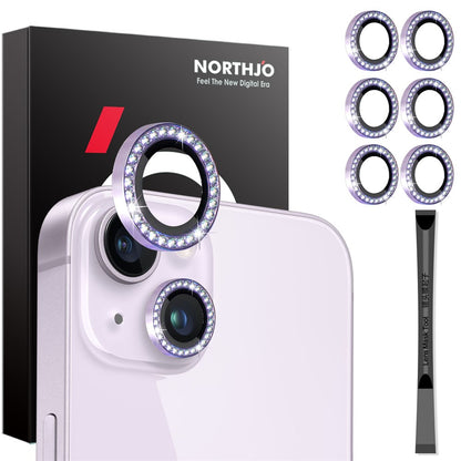 NORTHJO 3 Sets for iPhone 15 / 15 Plus / 14 / 14 Plus Lens Protector Rhinestone Decor Metal+Tempered Glass Lens Film