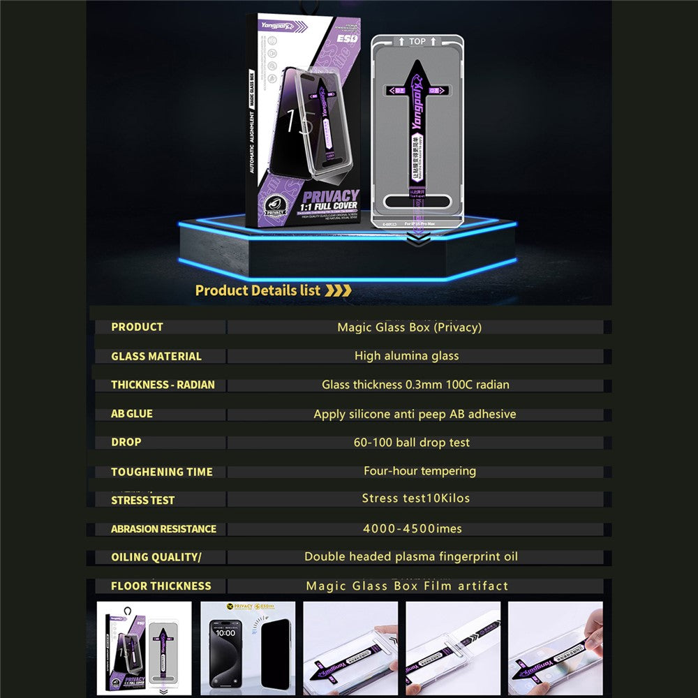 YONGPOLY For iPhone 16 Pro Max Anti-Spy Full Screen Protector Auto-Dust Removal Tempered Glass Film