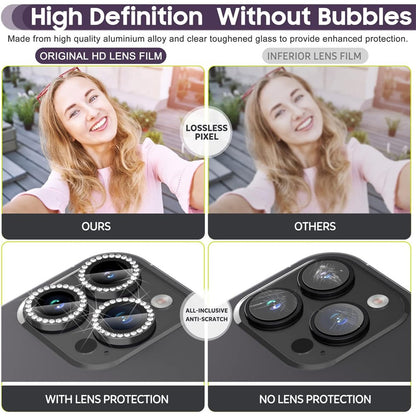 1Set For iPhone 16 Pro / 16 Pro Max Camera Lens Protector Tempered Glass+Metal Ring Rhinestone Lens Film
