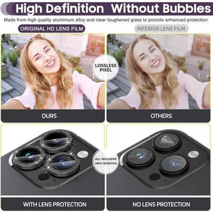 For iPhone 16 Pro / 16 Pro Max Glitter Camera Lens Film Metal Ring+Tempered Glass Phone Lens Protector