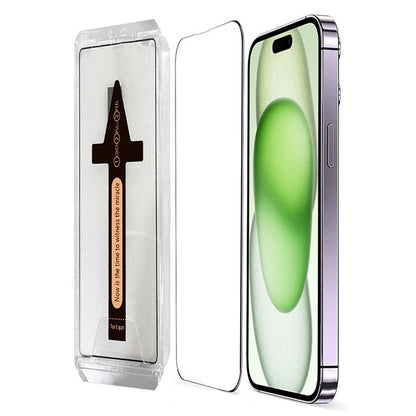 For iPhone 15 Tempered Glass HD Clear Screen Protector with Automatic Dust Removal Tool