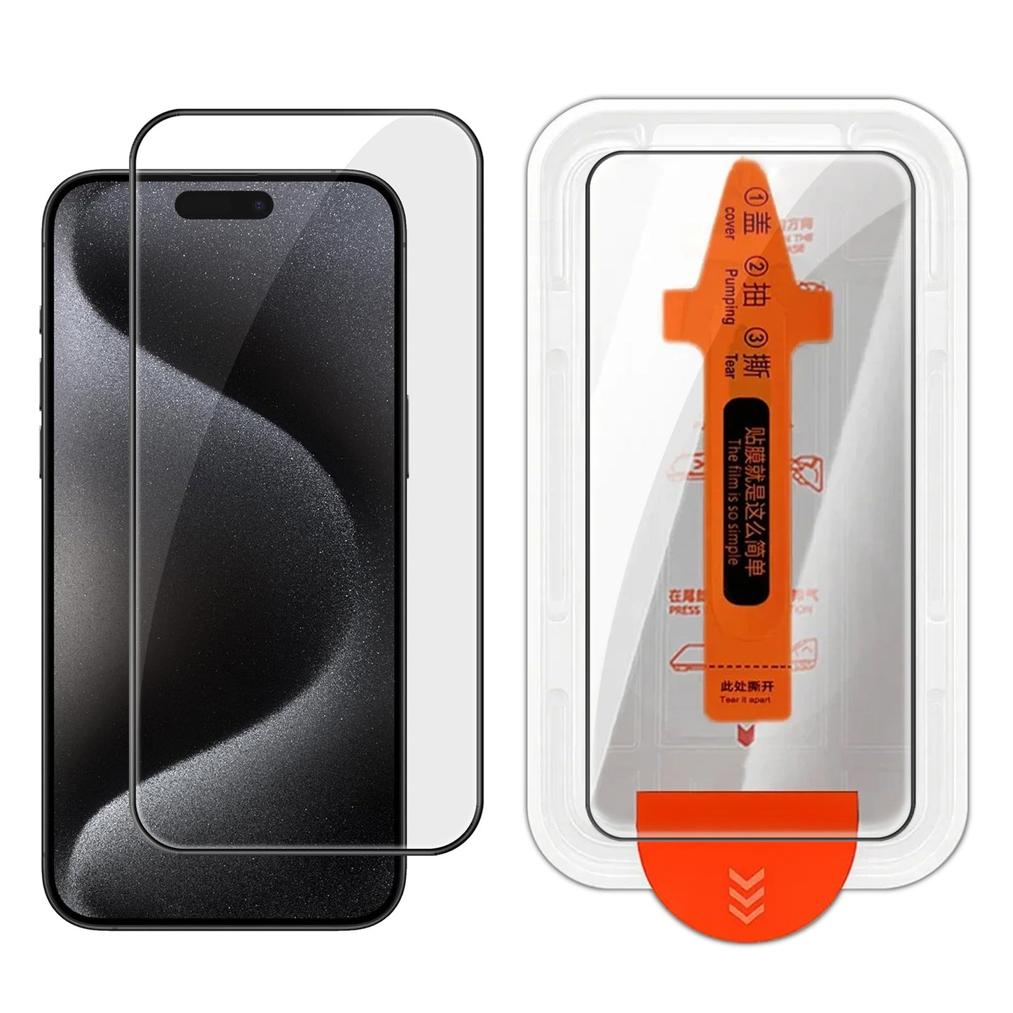 For iPhone 15 Pro Max Full Screen Protector HD Clear Silk Printing High Aluminium-silicon Glass Film with Dust Removal Installation Frame