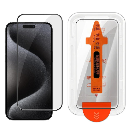 For iPhone 15 Pro Max Full Screen Protector HD Clear Silk Printing High Aluminium-silicon Glass Film with Dust Removal Installation Frame