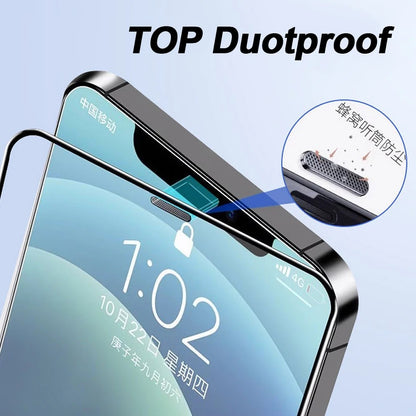 For iPhone 15 Pro Max Full Screen Protector HD Clear Silk Printing High Aluminium-silicon Glass Film with Dust Removal Installation Frame