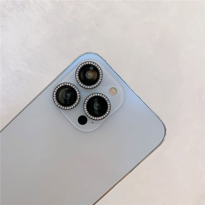 MKADI For iPhone 14 Pro / 14 Pro Max 1 Set Metal + Tempered Glass Camera Lens Protector Rhinestone Decor Anti-scratch Lens Film