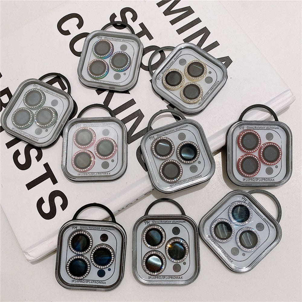 MKADI For iPhone 14 Pro / 14 Pro Max 1 Set Metal + Tempered Glass Camera Lens Protector Rhinestone Decor Anti-scratch Lens Film