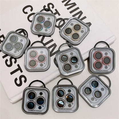 MKADI For iPhone 14 Pro / 14 Pro Max 1 Set Metal + Tempered Glass Camera Lens Protector Rhinestone Decor Anti-scratch Lens Film