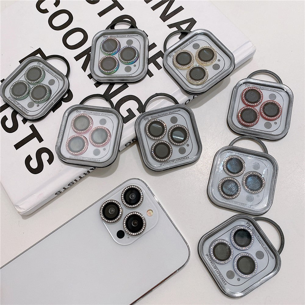 MKADI For iPhone 14 Pro / 14 Pro Max 1 Set Metal + Tempered Glass Camera Lens Protector Rhinestone Decor Anti-scratch Lens Film