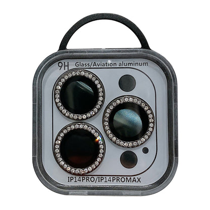 MKADI For iPhone 14 Pro / 14 Pro Max 1 Set Metal + Tempered Glass Camera Lens Protector Rhinestone Decor Anti-scratch Lens Film