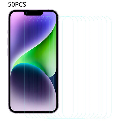 50Pcs HD Clear Phone Screen Film for iPhone 17e / 16e / 13 / 13 Pro Arc Edge Anti-Dust Tempered Glass Screen Protecto (No Package, with Wipes Set, Dust-absorber, Guide Sticker)r