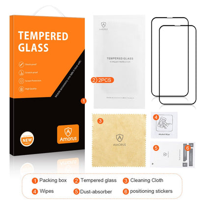 AMORUS 2Pcs For iPhone 15 Pro Max Silk Printing Tempered Glass Film Full Screen Coverage Protector (Full Glue)