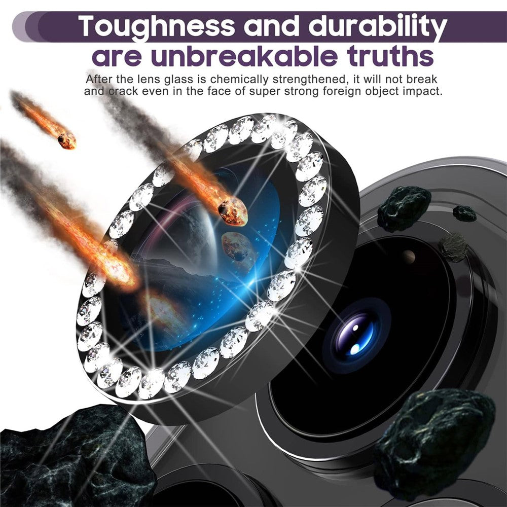 For iPhone 15 Pro / 15 Pro Max Camera Lens Protector Set Metal Rhinestone Ring Tempered Glass Lens Film