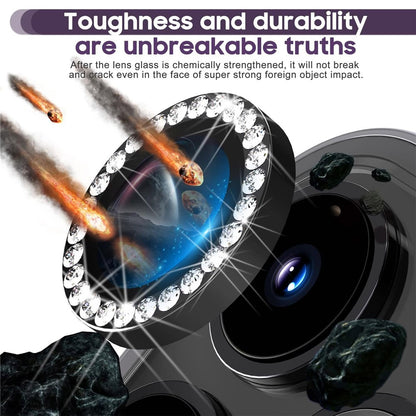 For iPhone 15 Pro / 15 Pro Max Camera Lens Protector Set Metal Rhinestone Ring Tempered Glass Lens Film