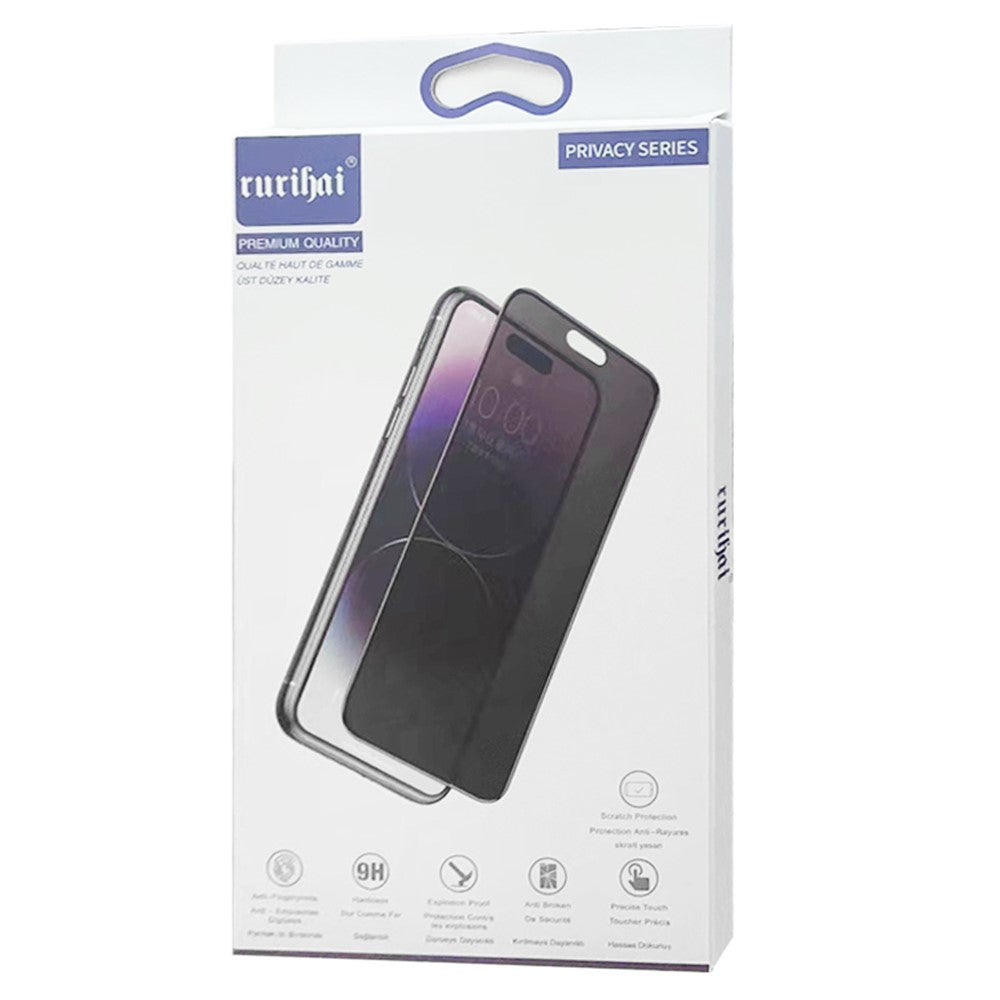 RURIHAI For iPhone 15 Full Cover High Aluminium-silicon Glass Film Silk Printing Black Edge Anti-spy Screen Protector