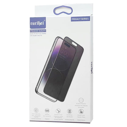 RURIHAI For iPhone 15 Full Cover High Aluminium-silicon Glass Film Silk Printing Black Edge Anti-spy Screen Protector