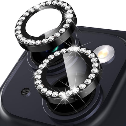 For iPhone 15 / 15 Plus Rhinestone Decor Camera Lens Protector Set Tempered Glass+Metal Ring Cover Lens Film