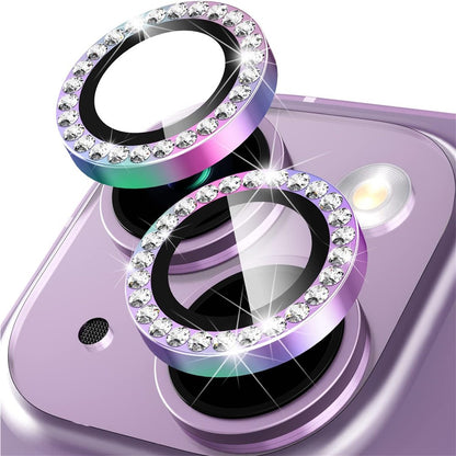 For iPhone 15 / 15 Plus Bling Rhinestone Camera Lens Protector Set Colorful Metal Ring Tempered Glass Lens Film