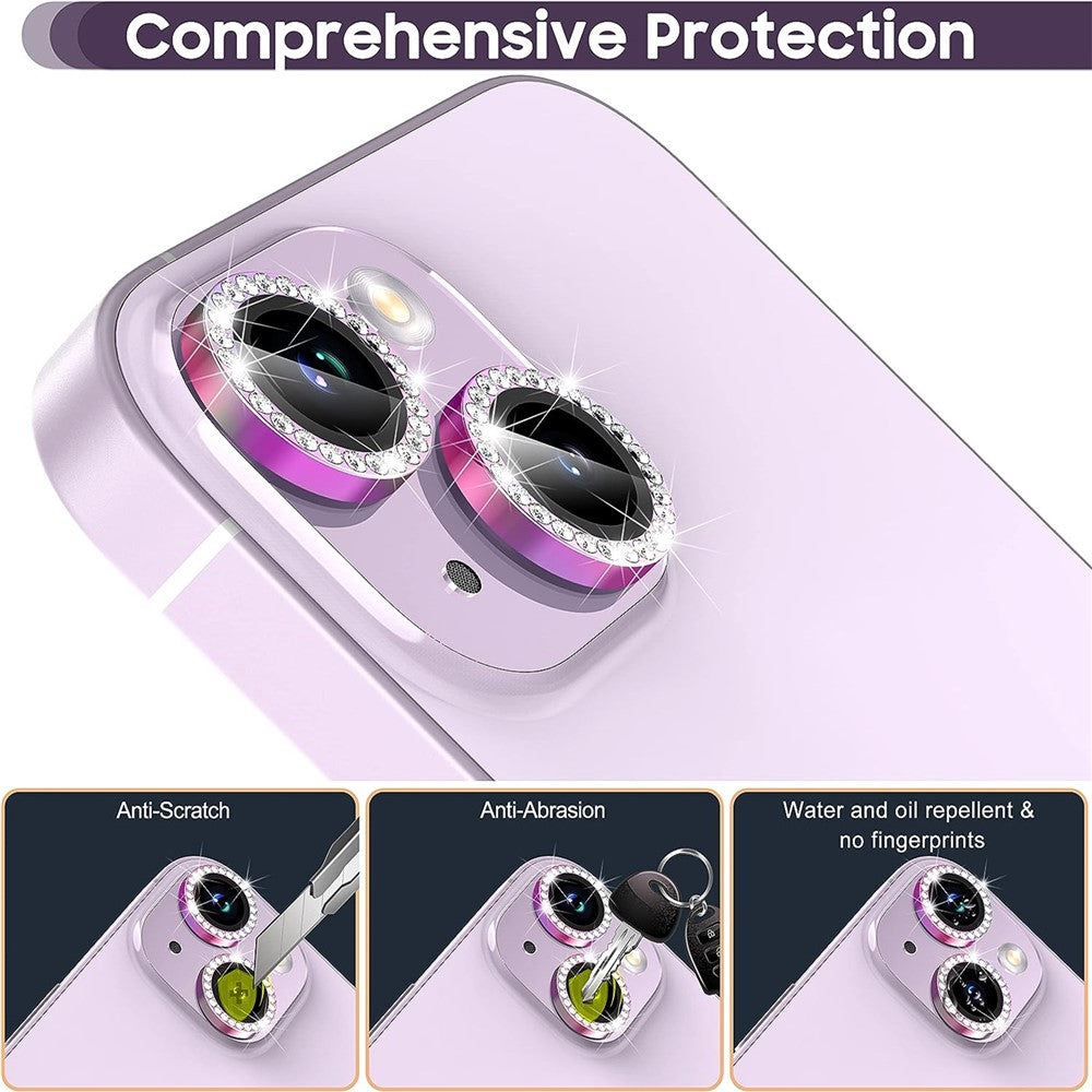 For iPhone 15 / 15 Plus Bling Rhinestone Camera Lens Protector Set Colorful Metal Ring Tempered Glass Lens Film