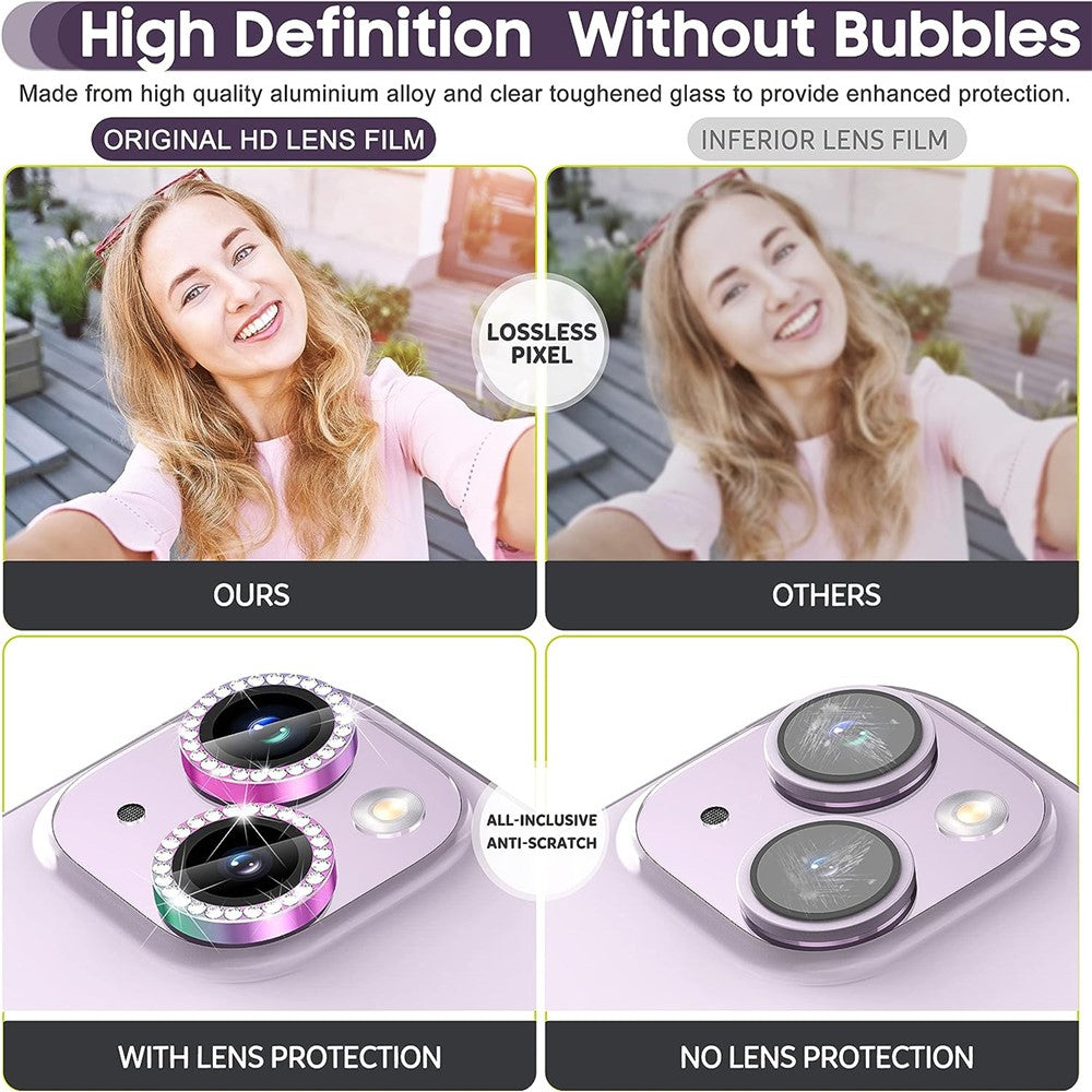 For iPhone 15 / 15 Plus Bling Rhinestone Camera Lens Protector Set Colorful Metal Ring Tempered Glass Lens Film