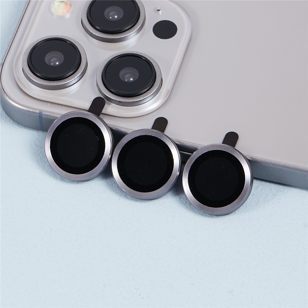 For iPhone 15 Pro / 15 Pro Max 1 Set Camera Lens Protector Metal Ring Tempered Glass Electroplating CD Vein Lens Film