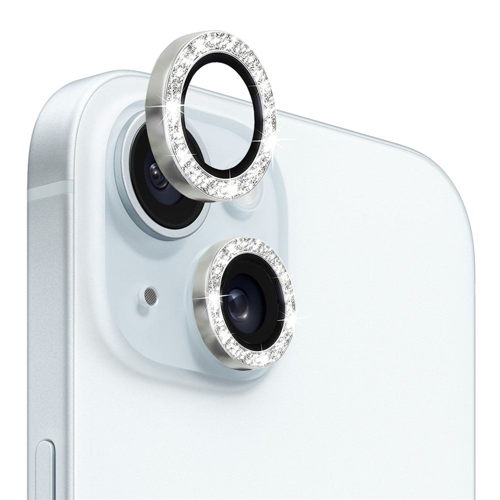 NORTHJO 1 Set For iPhone 15 / 15 Plus Glitter Camera Lens Protector Tempered Glass+Metal Ring Cover Film
