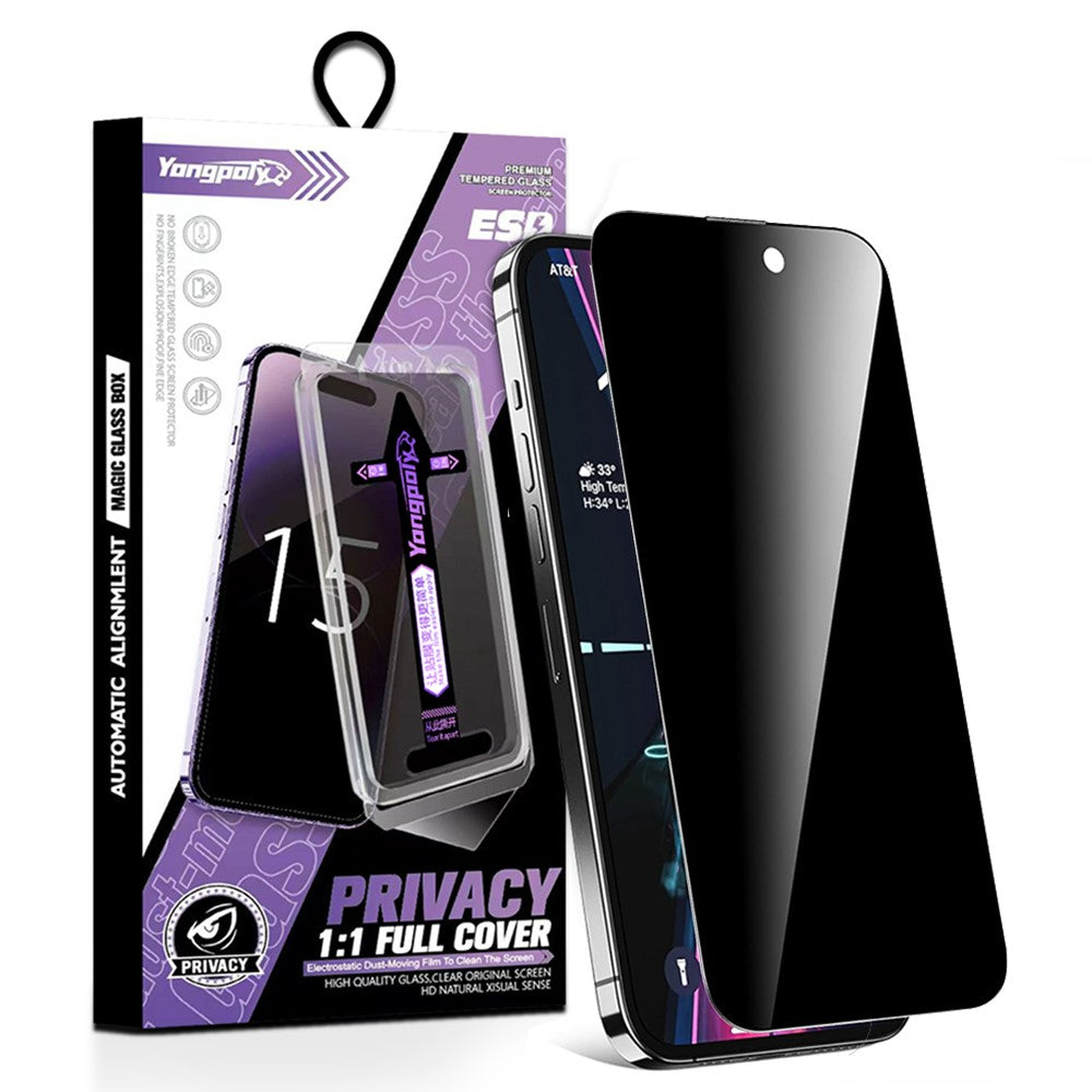 YONGPOLY For iPhone 13 Pro Max / 14 Plus Screen Protector Silk Printing Anti-Spy Tempered Glass Film with Dust-Proof Net