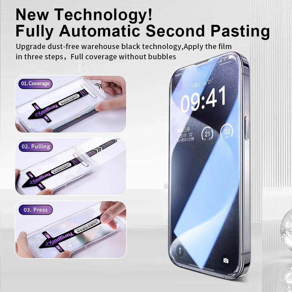 YONGPOLY For iPhone 13 Pro Max / 14 Plus Screen Protector Silk Printing Anti-Spy Tempered Glass Film with Dust-Proof Net