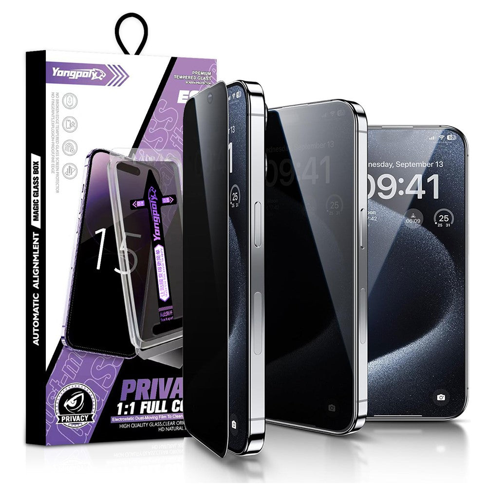 YONGPOLY For iPhone 13 Pro Max / 14 Plus Screen Protector Silk Printing Anti-Spy Tempered Glass Film with Dust-Proof Net