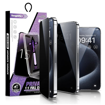 YONGPOLY For iPhone 13 Pro Max / 14 Plus Screen Protector Silk Printing Anti-Spy Tempered Glass Film with Dust-Proof Net