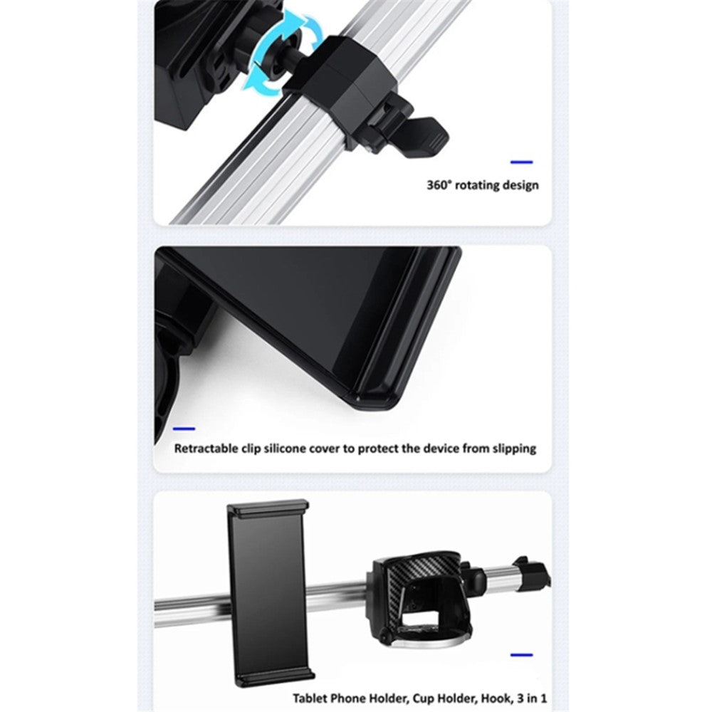 3-in-1 Car Back Seat Phone Tablet Holder Cup Holder Hanging Hook Headrest Mount Multifunction Bracket