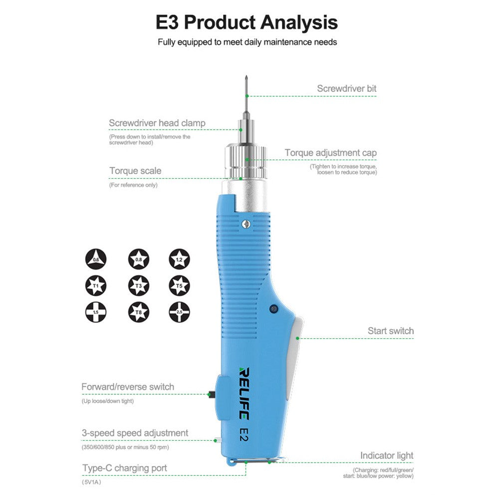 RELIFE E2 Torque Electric Screwdriver Set Adjustable Forward and Reverse Rotation Repair Tools